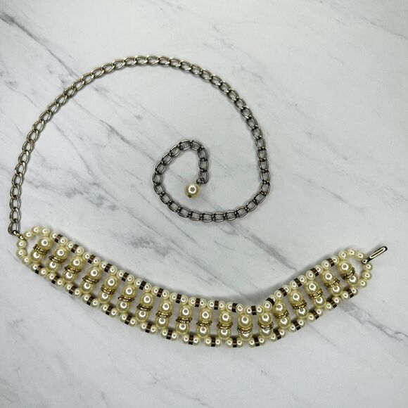 Chunky Faux Pearl Gold Tone Chain Belt Y2K ✨ - Picture 1 of 10